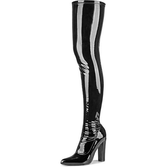 Women Black Patent Leather PU Over The Knee High Pointed Toe Long Tall Boots - Picture 1 of 5
